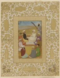 Dara Shikoh mit Mian Mir und Mulla Shah, abgelöstes Albumblatt mit Malerei, ca. 1640